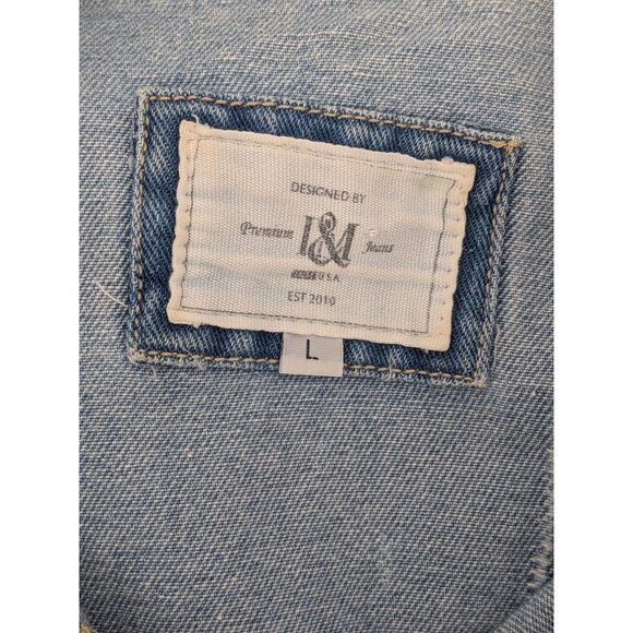 Distressed Denim Jacket Women Size L Button Up Washed Ripped Grunge Y2K Retro - Picture 8 of 13